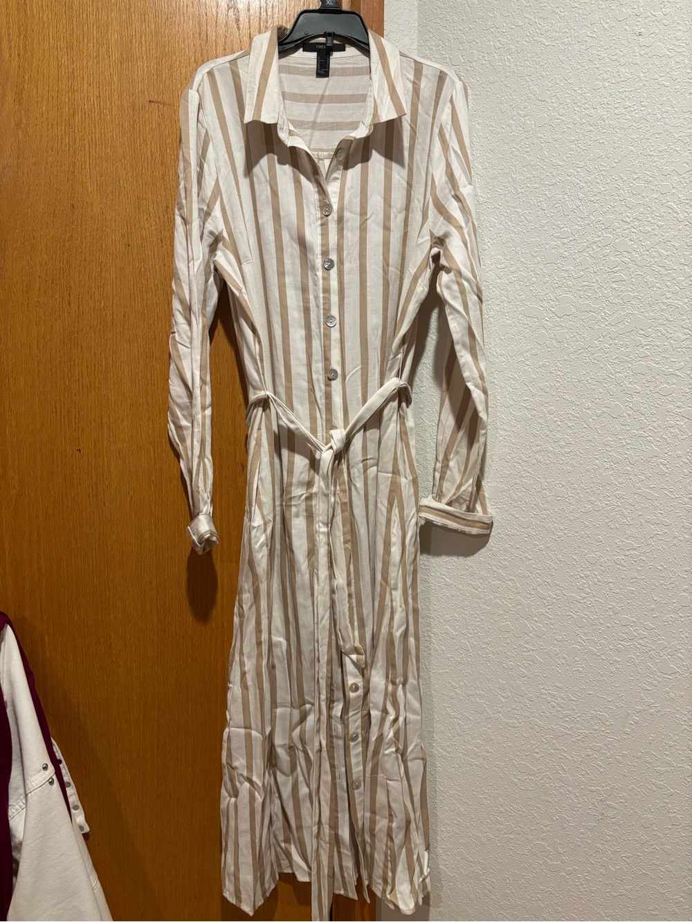 Forever21 Light Beige & White Striped Button-Front Shirt Dress